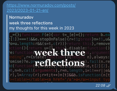 Telegram link preview of the post “week three reflections”: the site name, the post title and description, and a cover image with the words “week three reflections” over blurred code.